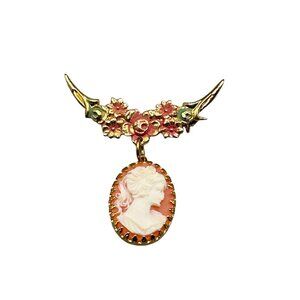 Vintage Romantic Faux Cameo Pin Brooch Floral Crescent Moon Resin Cameo Dangle